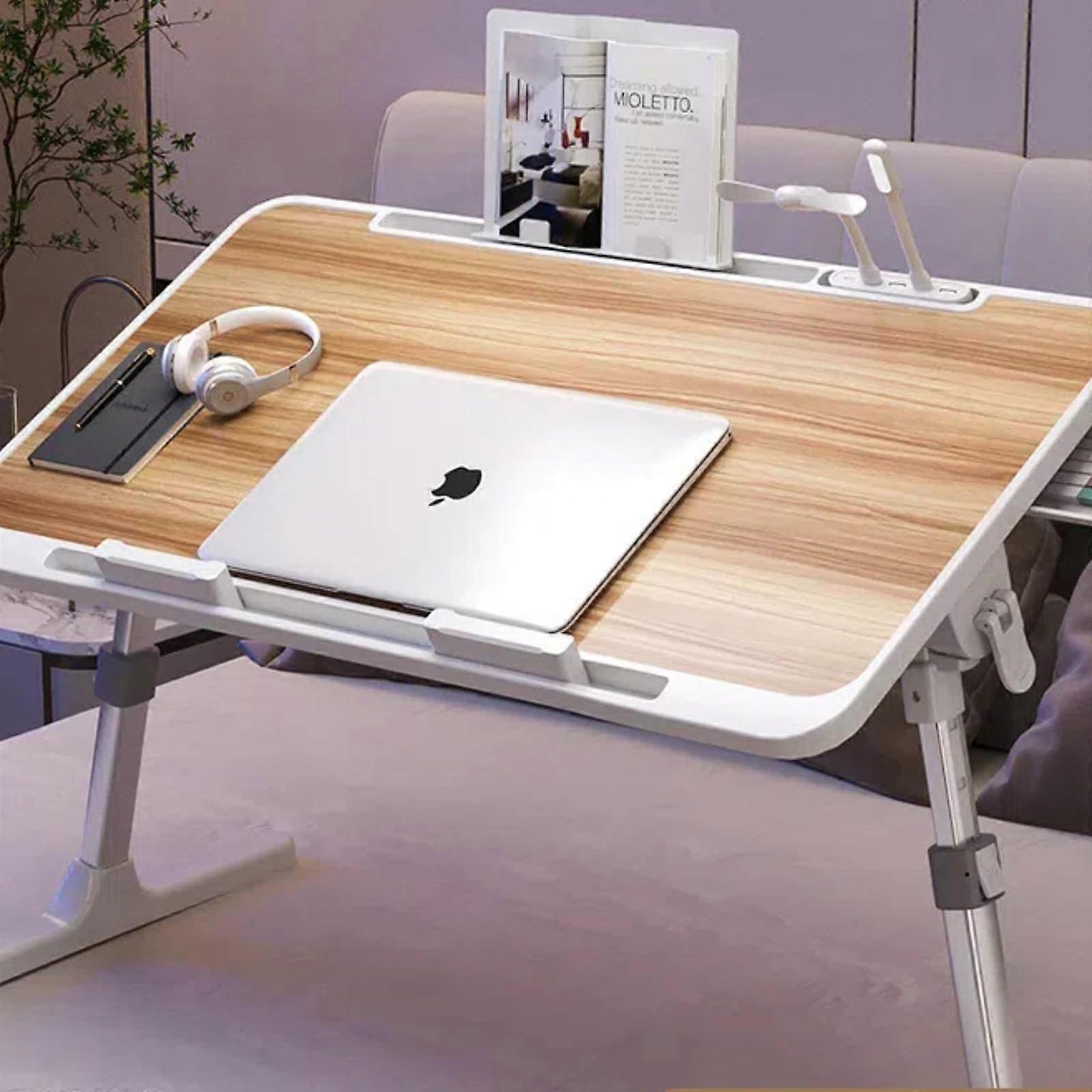 Laptop Bed Desk Adjustable Height Folding Table with USB Port and Storage Shelf Walnut
