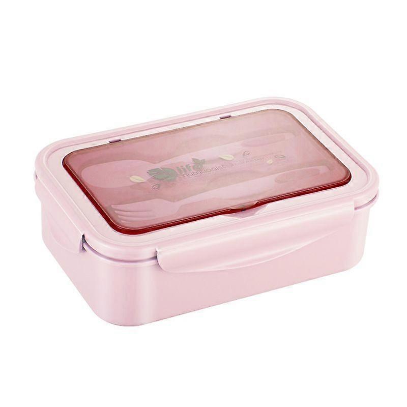 Rectangular compartment plastic lunch box with fork and spoon (pink)