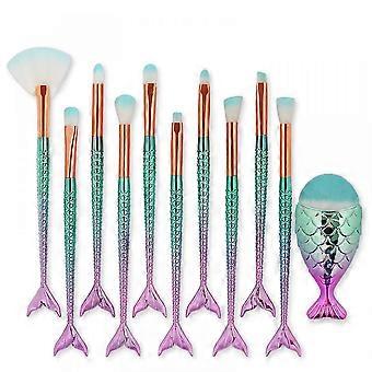11pcs Makeup Brushes Set With Colorful Fish Tail Handle, Foundation Eyebrow Eyeliner Cosmetic Concealer Brushes Women Girl Cute Make Up Tool Set