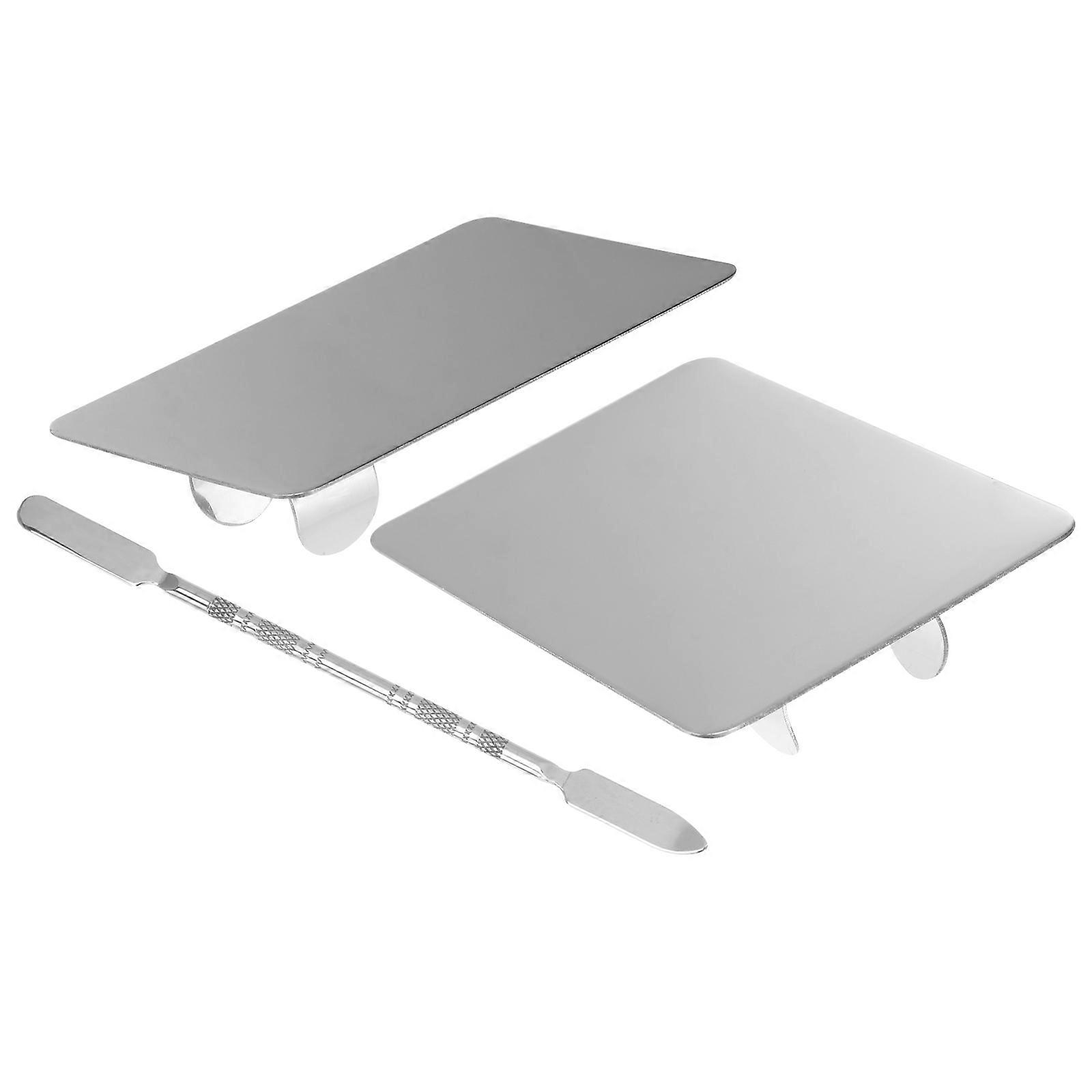 2 Sets Practical Makeup Palettes Foundation Mixing Trays with Spatulas Silver