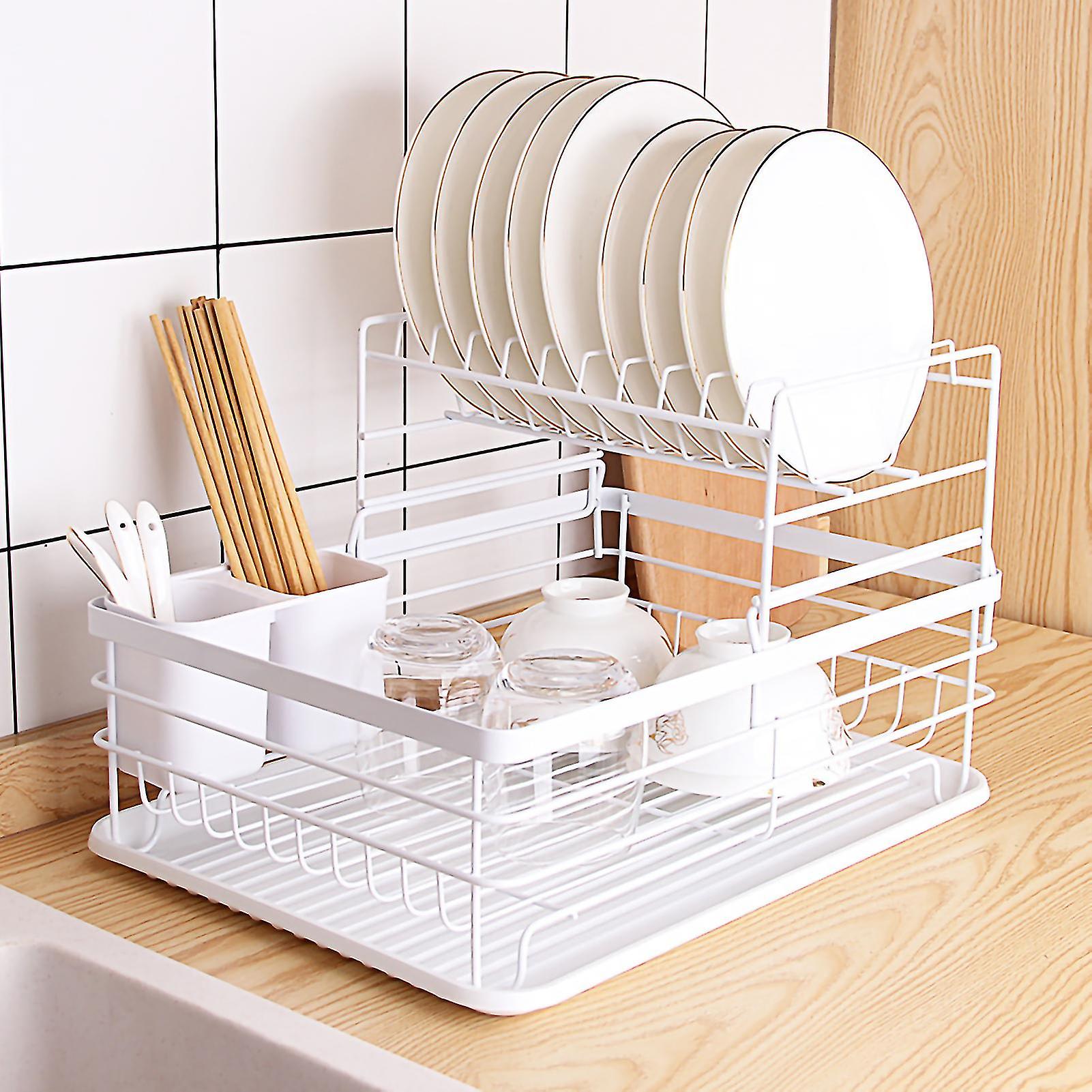 Tableware Shelf Simple Iron Double Layer Plate Bowl Tableware Drain Rack for Kitchren White 