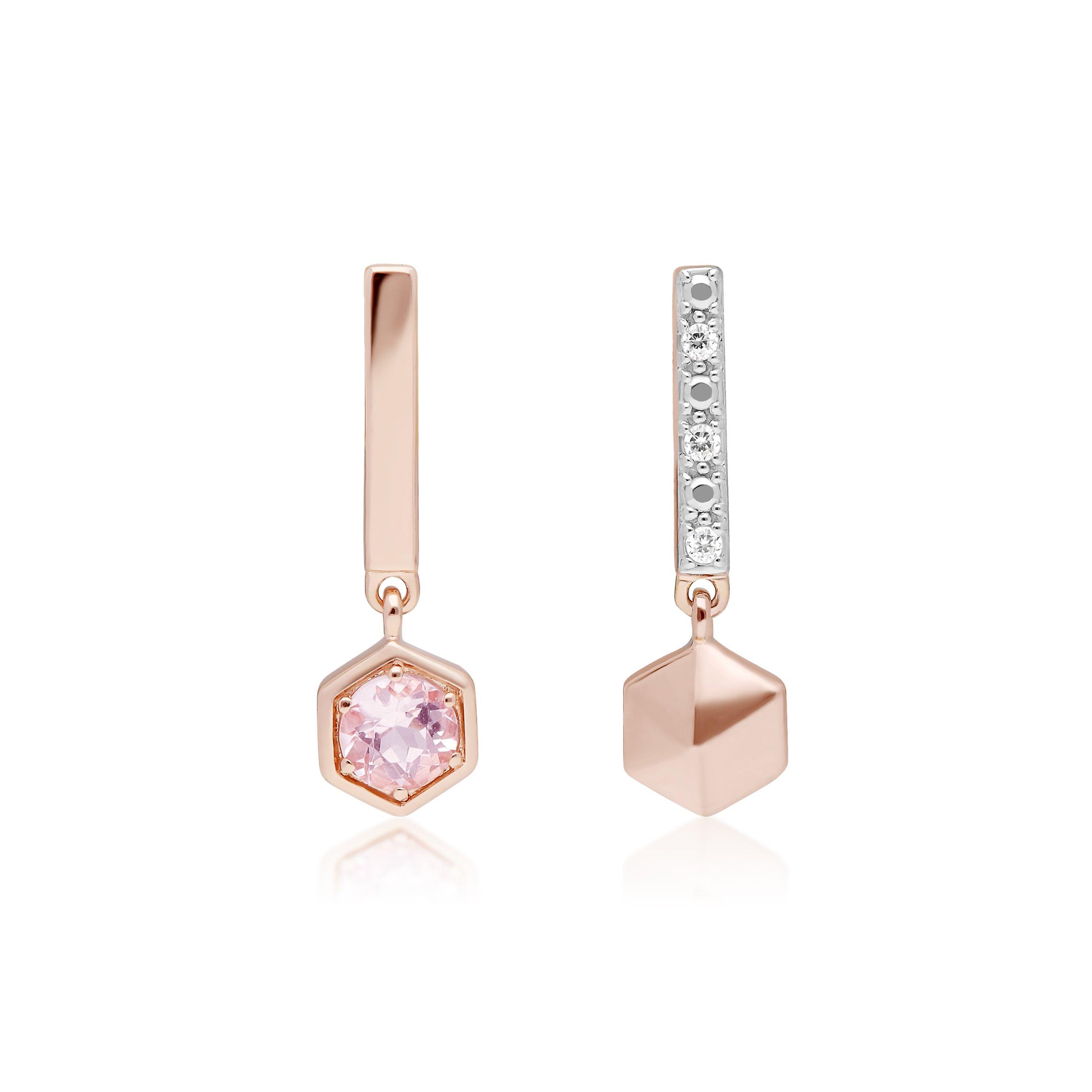 Geometric Hexagon Mismatched Morganite & Diamond Drop Earrings in 9ct Rose Gold