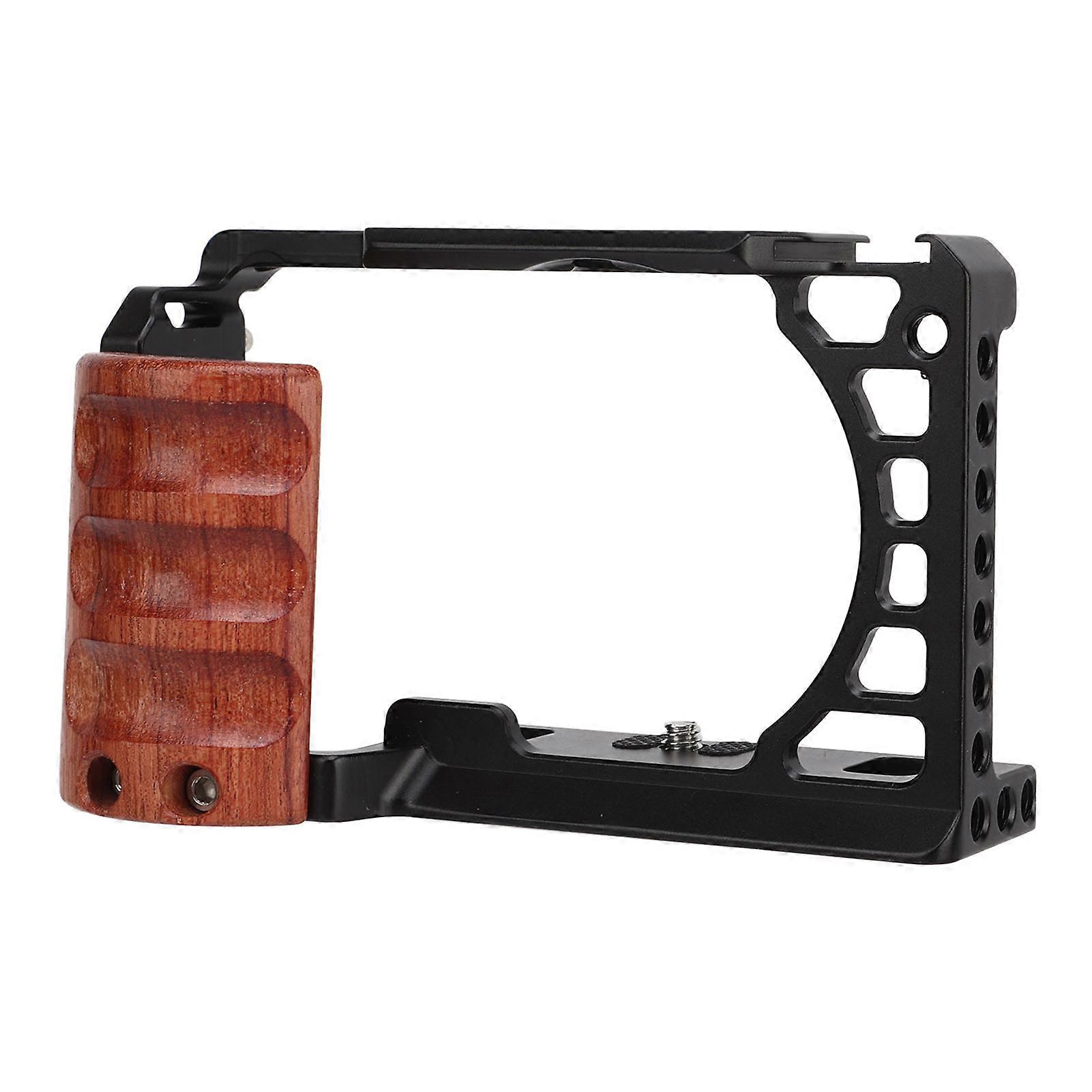 Aluminum Alloy Camera Cage with Wooden Handle Protective Frame with Cold Shoe Interface for A6400 A6300 A6100 A6000