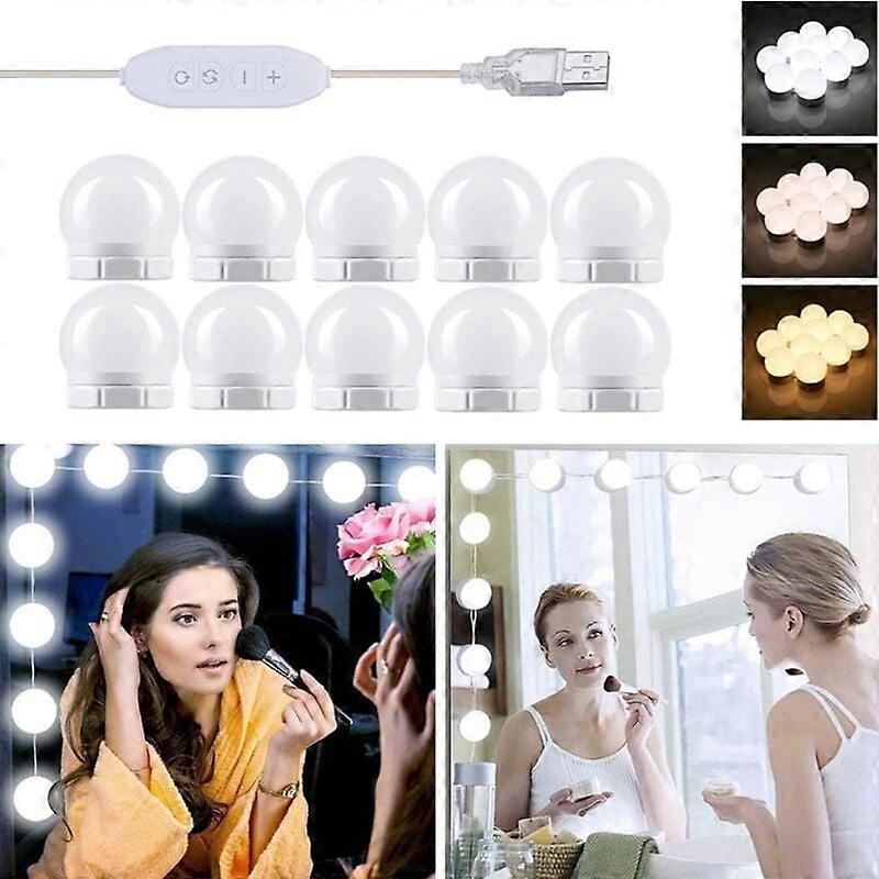 Hollywood Style LED Mirror Lamp 10 Bulbs, Perfectly Hidden Cables, 3 Colors and 10 Intensities, USB Mirror Light for Makeup Dressing Table, Adhesive L