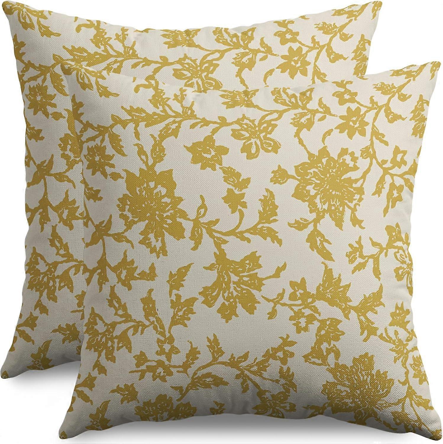 黄色の花のブロックプリント枕カバー16x162つの素朴な古いスタイルのモダンなヴィンテージの花柄クリーム装飾的なスロー枕ケース屋外農場