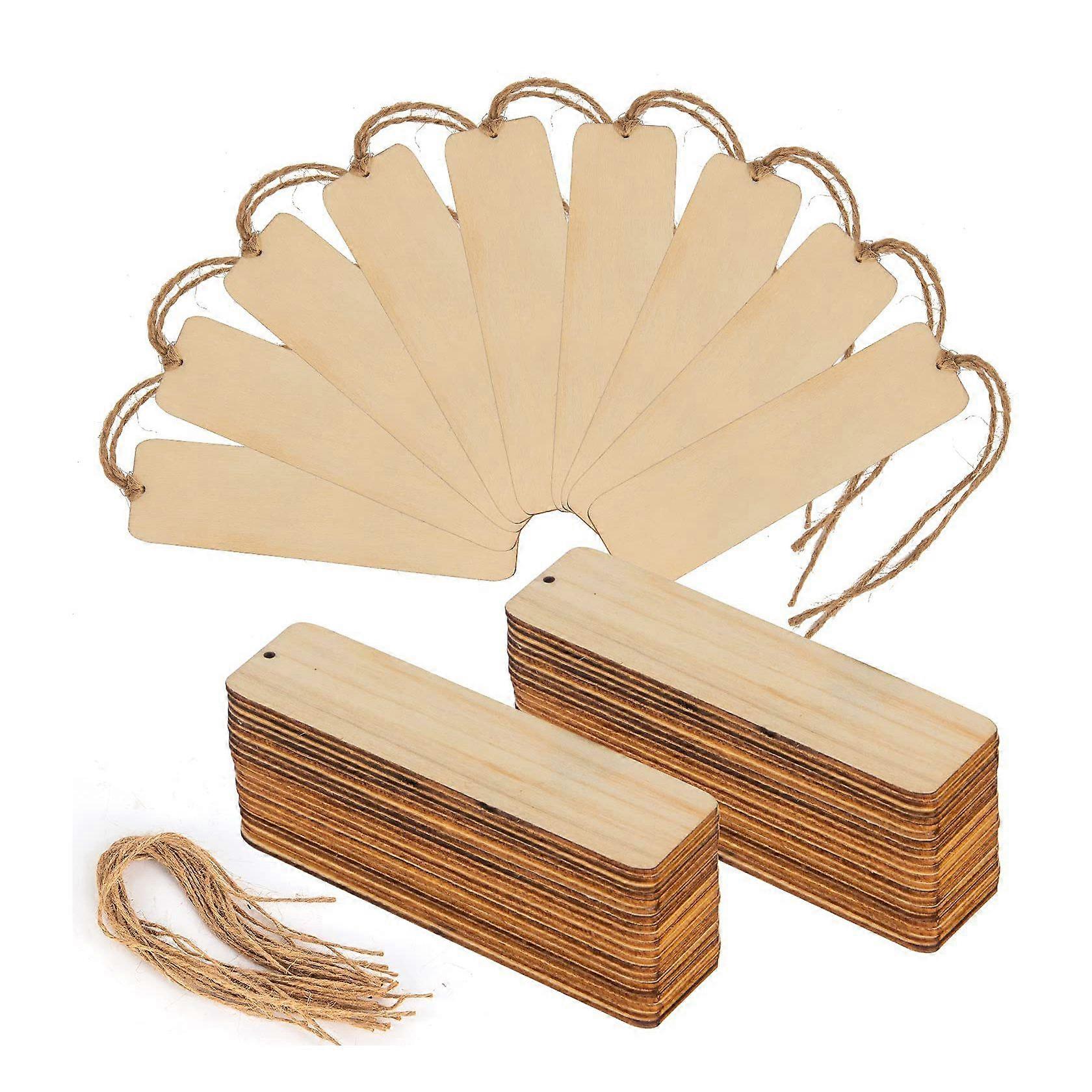 50 PCS Wood Blank Bookmarks Unfinished Wooden Book Marks Hanging Tag with Holes and Ropes DIY Craft