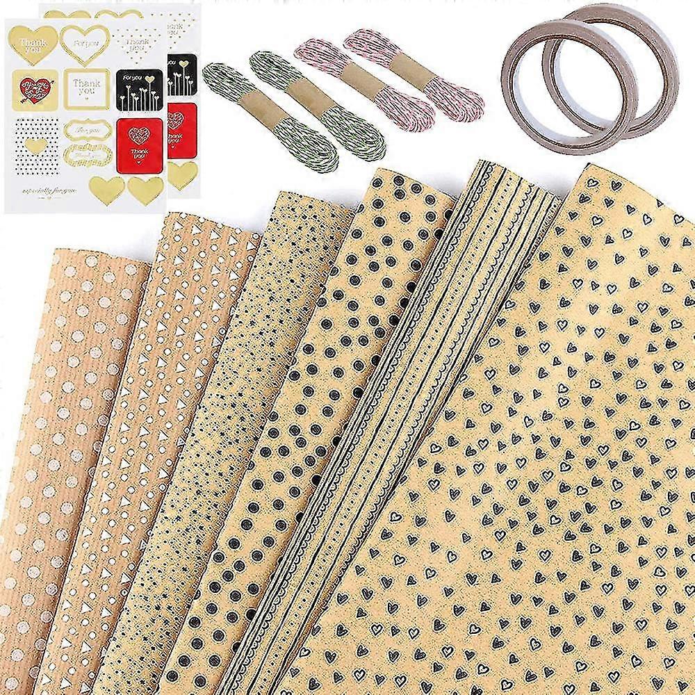 Kraft Wrapping Paper Set,12 Sheets Brown Gift Wrap Paper Multi Pattern Lattice Wave Dot Stripe for