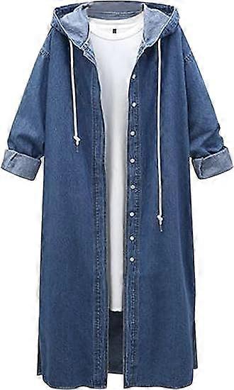 Womens Long Denim Jacket Oversized Drawstring Hooded Midi Jean Jacket, SIZE L