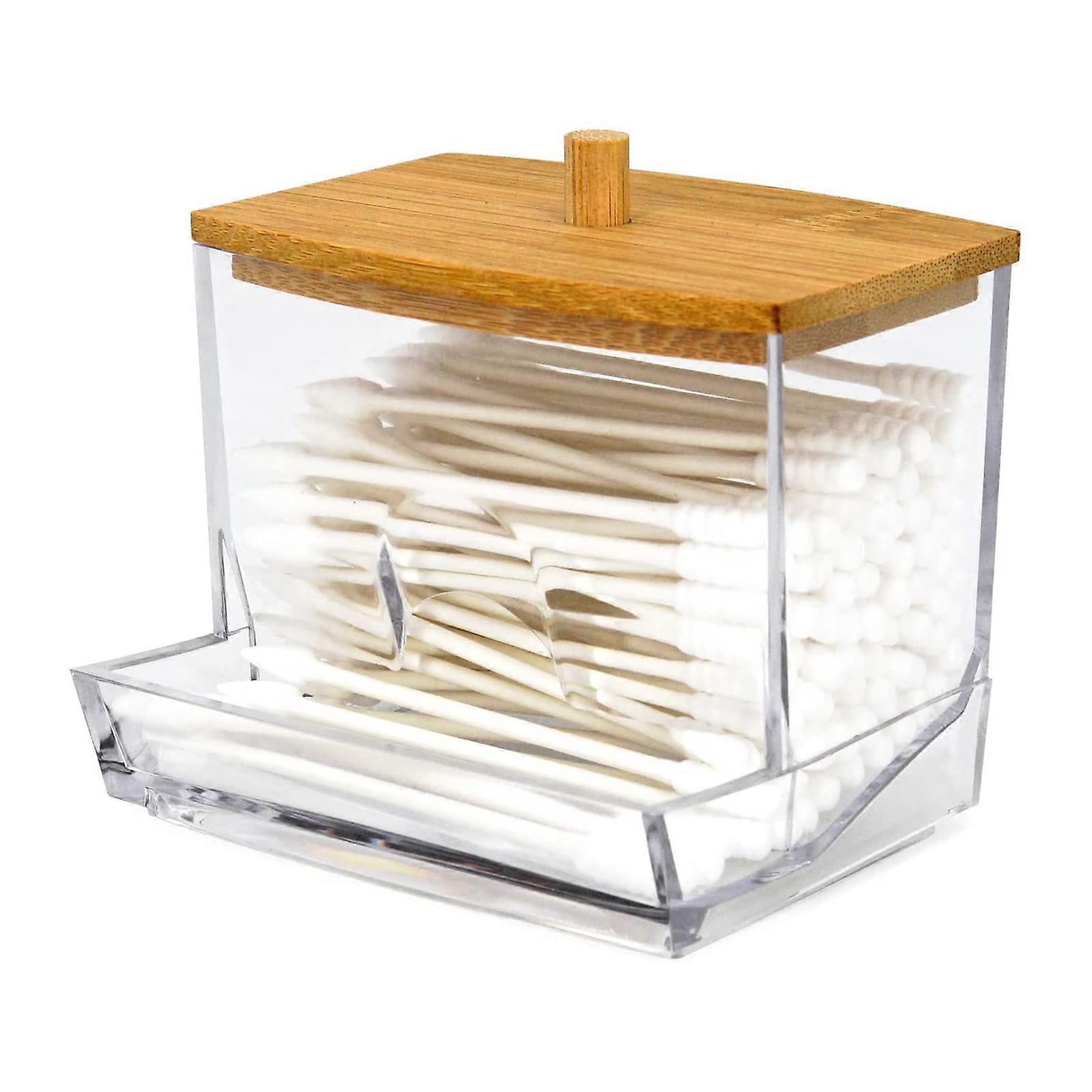 Cotton Swab Box with Bamboo Lid Transparent Plastic Multi-purpose Toothpick Fruit Forks Storage Dispenser Daily Use KAESI