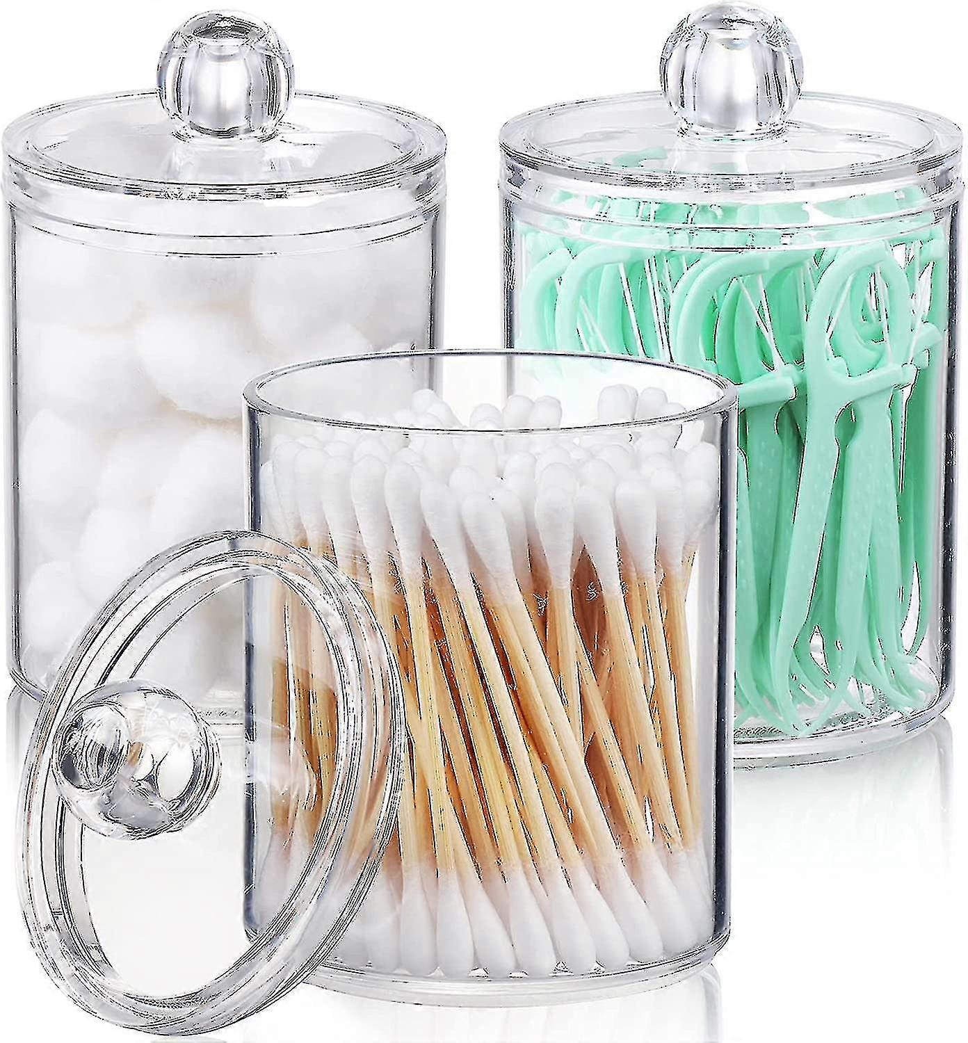 4 Pack Qtip Holder Dispenser For Cotton Ball, Cotton Swab, Cotton Round Pads, Floss - 10 Oz Clear Plastic Apothecary Jar Set For Bathroom Canister Sto