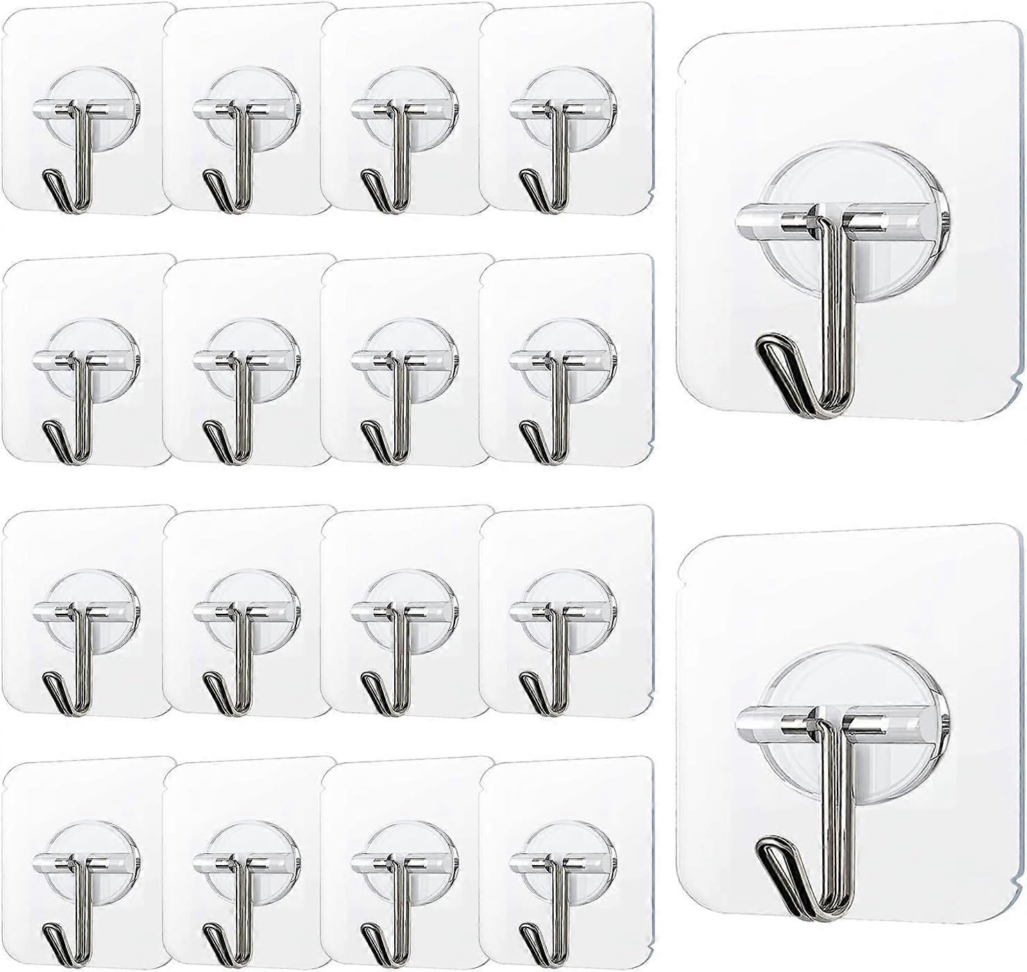 Adhesive Hooks 24lb(Max) 60 Pack Heavy Duty Self Adhesive Hooks, Transparent Reusable Seamless Adhesive Wall Hooks for Kitchens, Bathroom