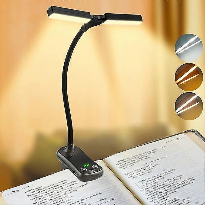 14 LEDs Reading Lamp Book Clamp with 2 Heads, USB Rechargeable Book Clamp Lamp with 3 Light Modes, Stepless Dimming, Battery Indicator, Up to 80 Hours