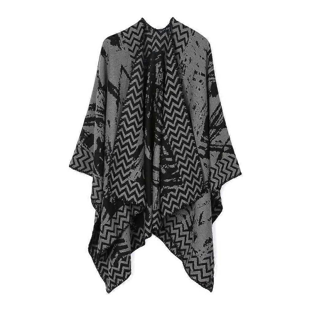 Warm Shawl Scarf Open Front Poncho Winter Cardigant with Geometric Pattern for Lady