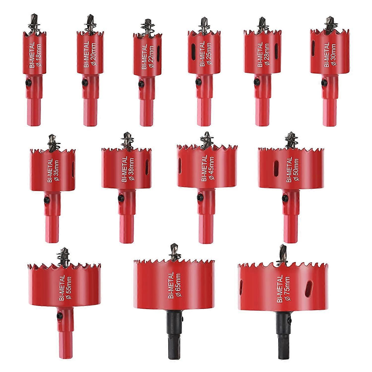 Bi-metal Hole Saw,13 PCS Set with 13 Mandrels,13 Hex Wrench and 13 Springs,Saw Blade 18-75mmShank Diameter: 10mm