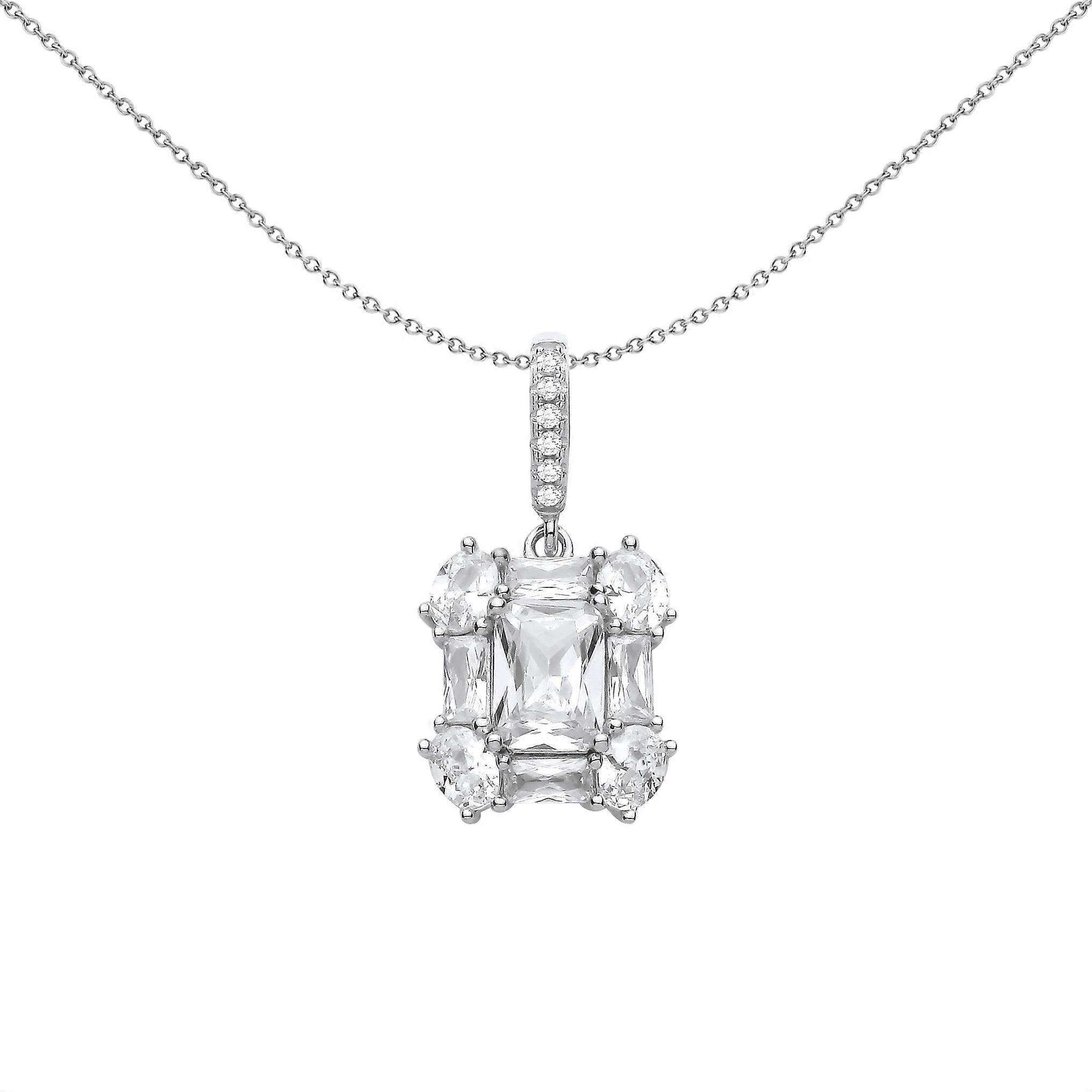 Jewelco London Ladies Sterling Silver Radiant Oval CZ Illusion Emerald-Cut Solitaire Cluster Pendant Necklace 18 inch