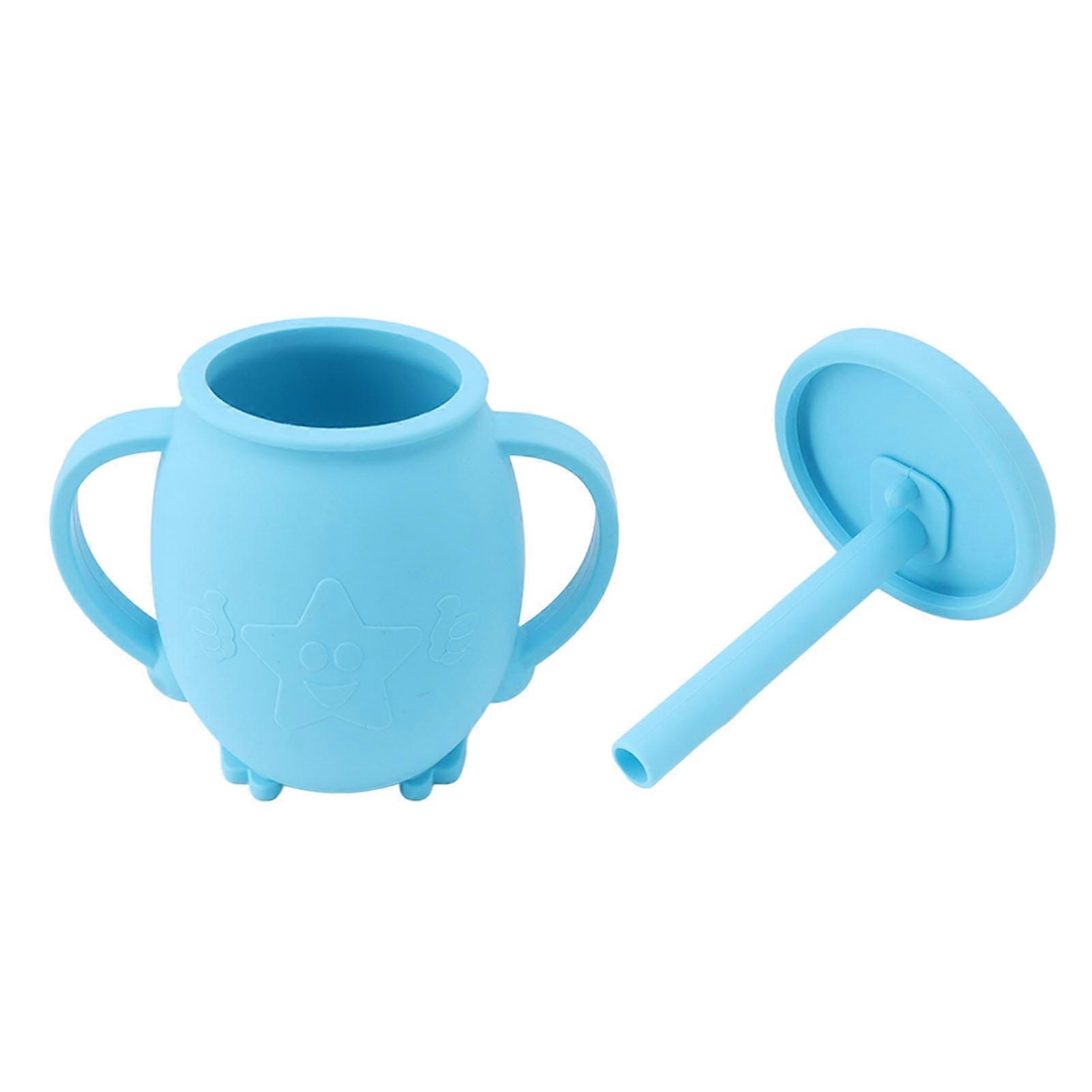 230ml Toddler Silicone Training Cups with Straw Lid, Non-Slip Handles, Leak-Proof for Babies, Infants, Blue