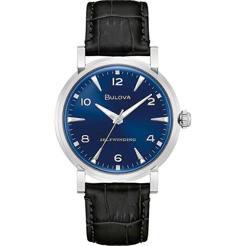 Bulova American Clipper 96a242 Men's Automatic Watch - 39mm Stainless Steel Case, Blue Dial, Black Leather Strap