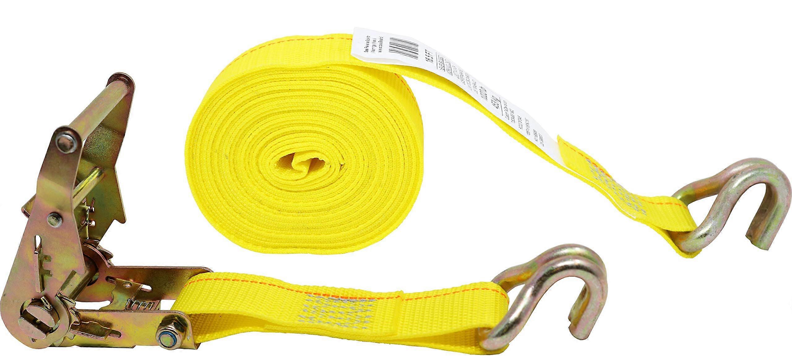 1.5 Inch x 16 Foot Yellow Ratchet Strap with Double J Wire Hooks for Secure Heavy Duty Tie Downs