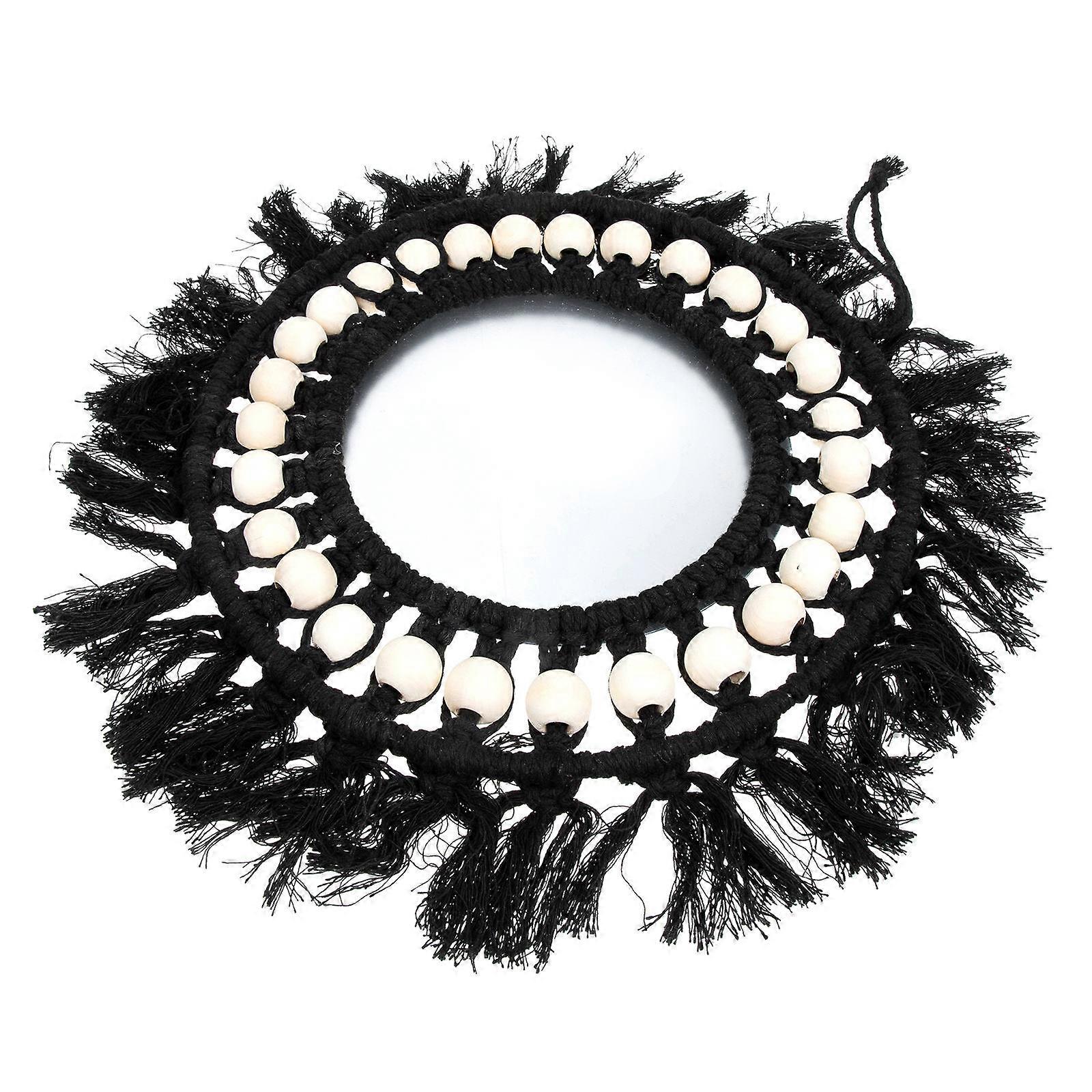 Elegant Tapestry Mirror for Home Decor Handmade Macrame Black Wood Beads 30x30cm Wall Hanging 1Set