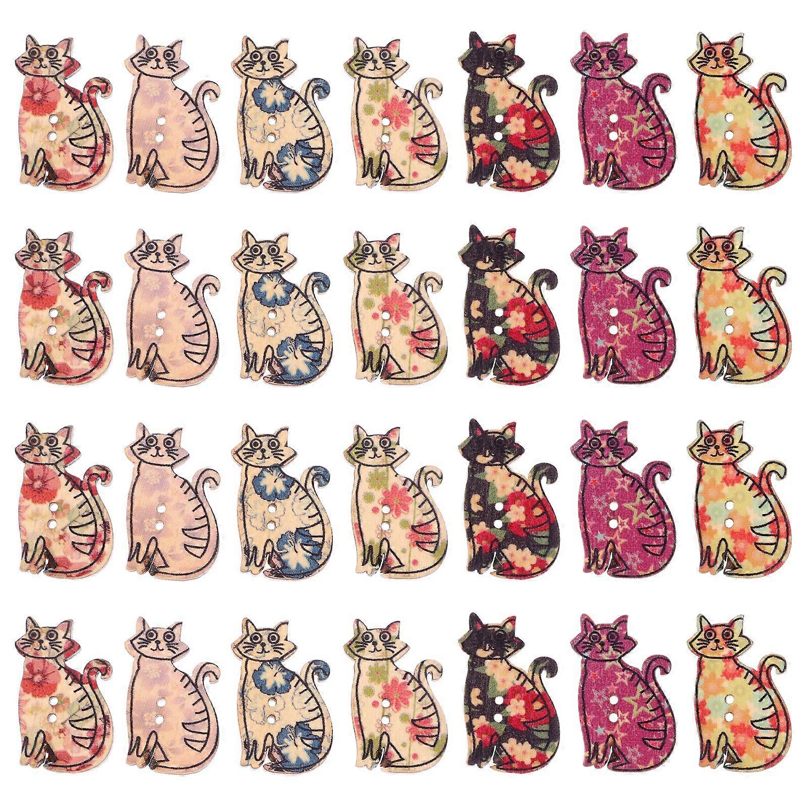 50Pcs Wooden Cat Buttons Cartoon Cat Buttons Wooden Printing Buttons DIY Sewing Buttons