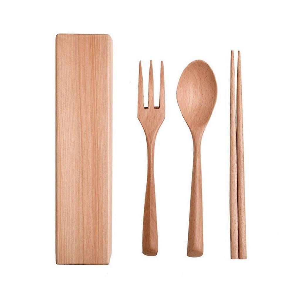 1 Set Durable Wooden Cutlery Portable Spoon Fork Chopsticks Box