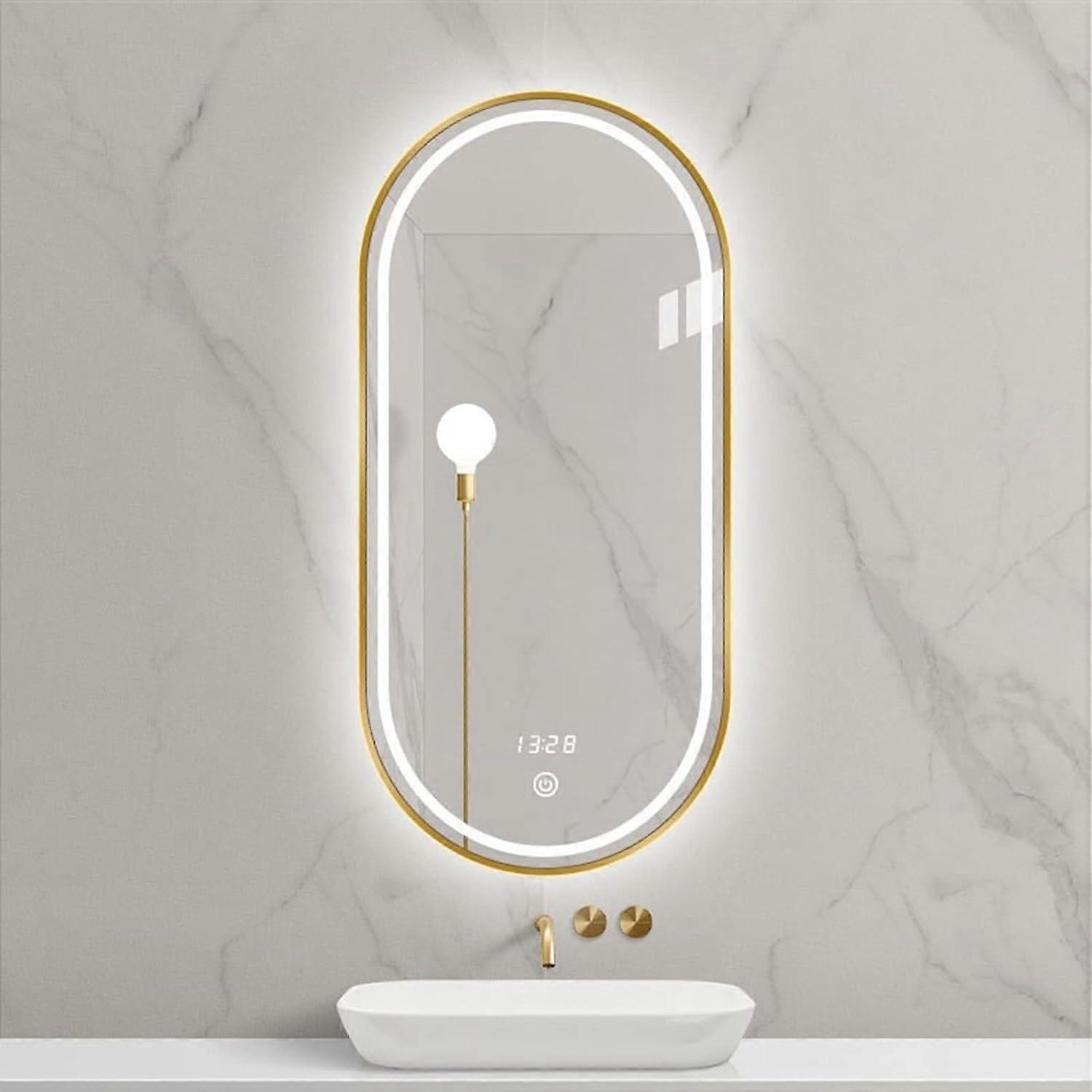 Oval LED Bathroom Wall Metal Frame Mirror with Smart Lighting, 3Color Dimmable Touch Switch, Gold 50x70cm, Black 40x60cm