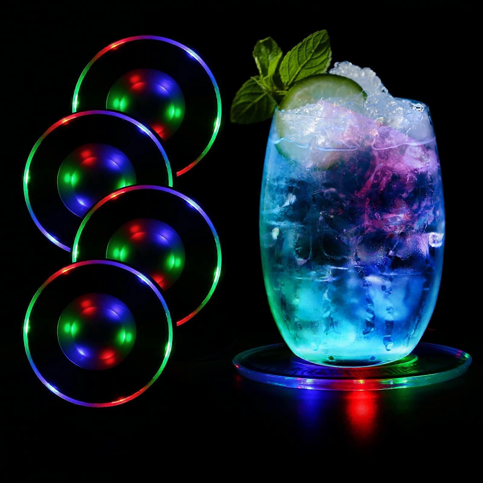 4Piece LED Coasters with On/Off Button, Waterproof, Round Acrylic for Parties, Weddings, Bars
