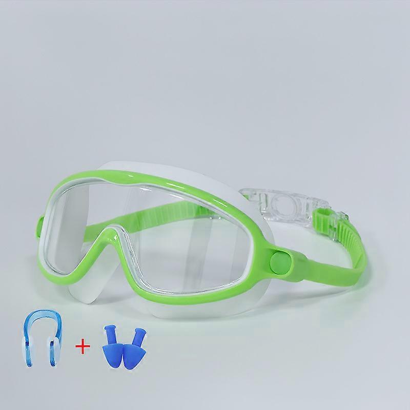 Large-frame swimming goggles, high-definition waterproof and anti-fog swimming goggles for boys and girls (green and white)
