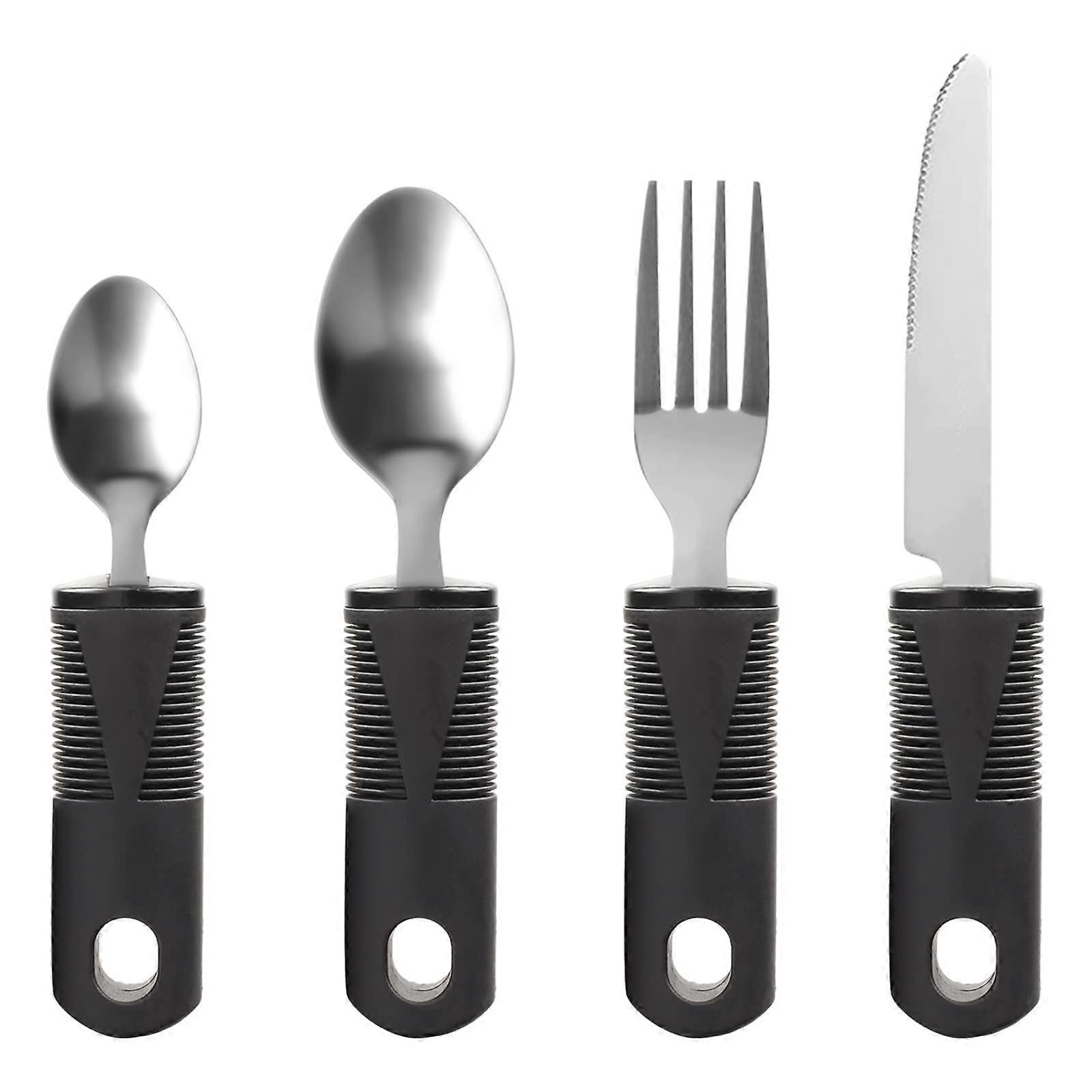 Set of 4 Cutlery for Parkinson Patients with Thick Handle, Adaptive Utensils (Black)