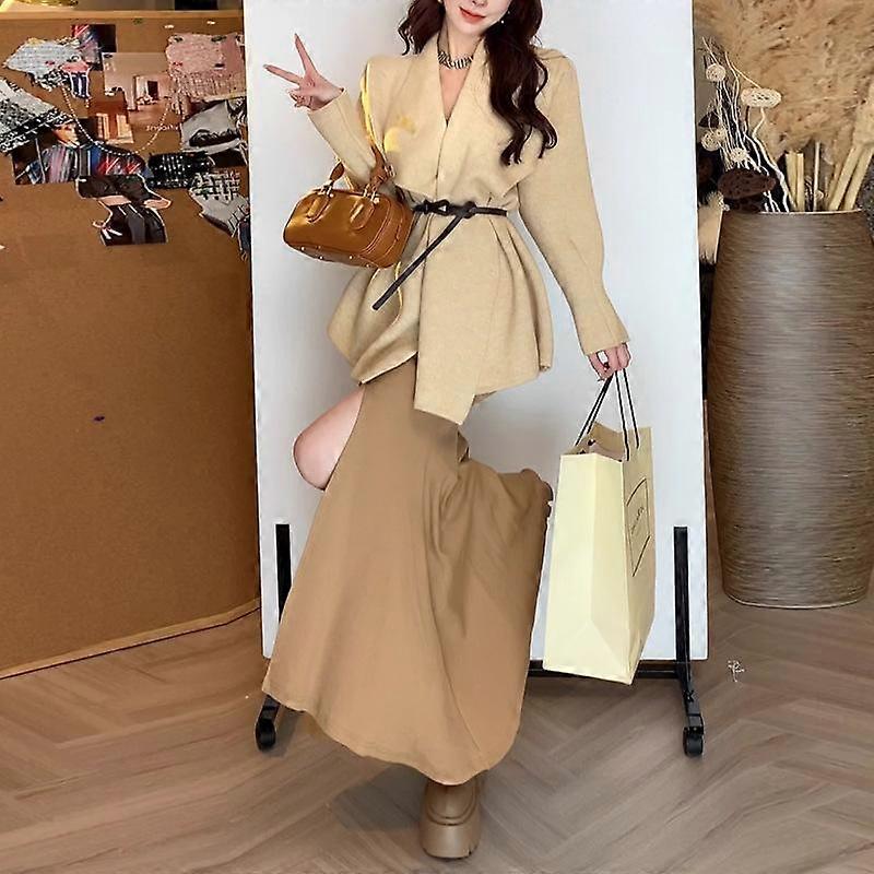 Spring and Autumn Women's Jacket Fashion Gentle Temperament Lapel Medium Long Knitted Cardigan with Belt