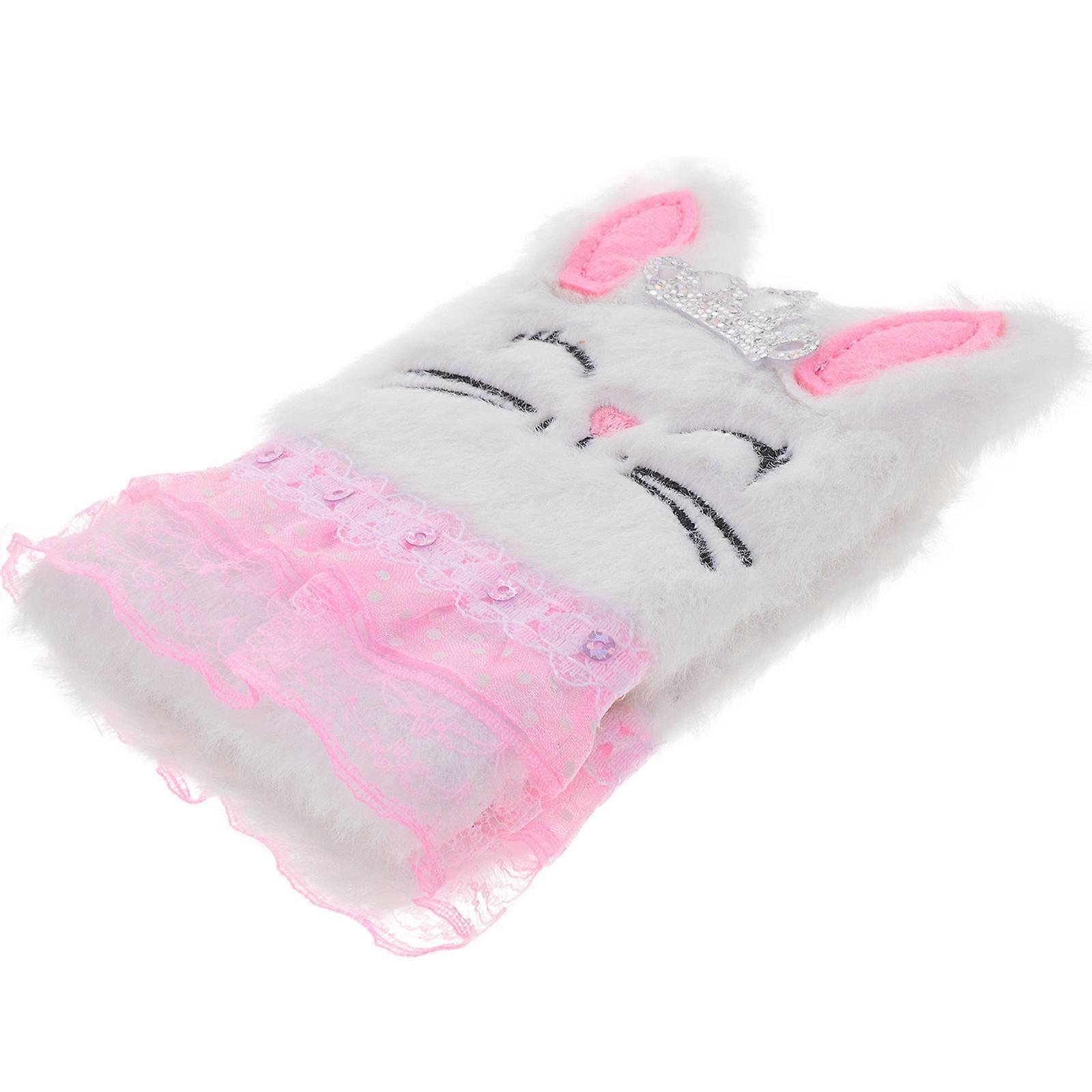 Adorable Plush Cover Notebook for Girls with White Cartoon Diary Suitable for Daily Use Writing 5.9 x 8.3 Inches