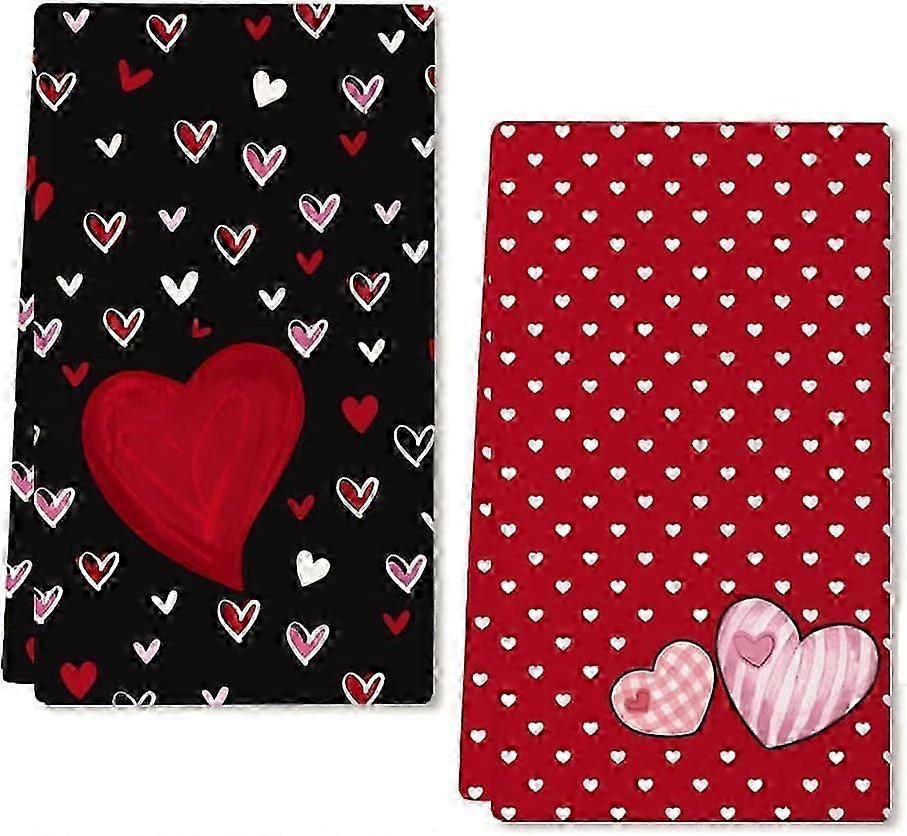 Valentinstag Küchentücher 2er Set, Schwarz Rot Aquarell Herz Design