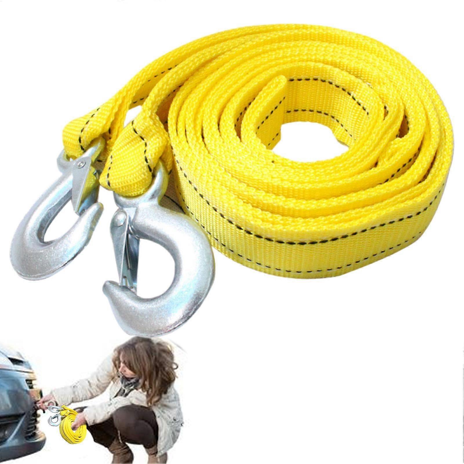 Nylon Tow Strap 5M, Heavy-Duty Tow Rope with Hooks, Recovery Strap for Trucks, RV and Cars, Yellow Vehicle Securing Cable