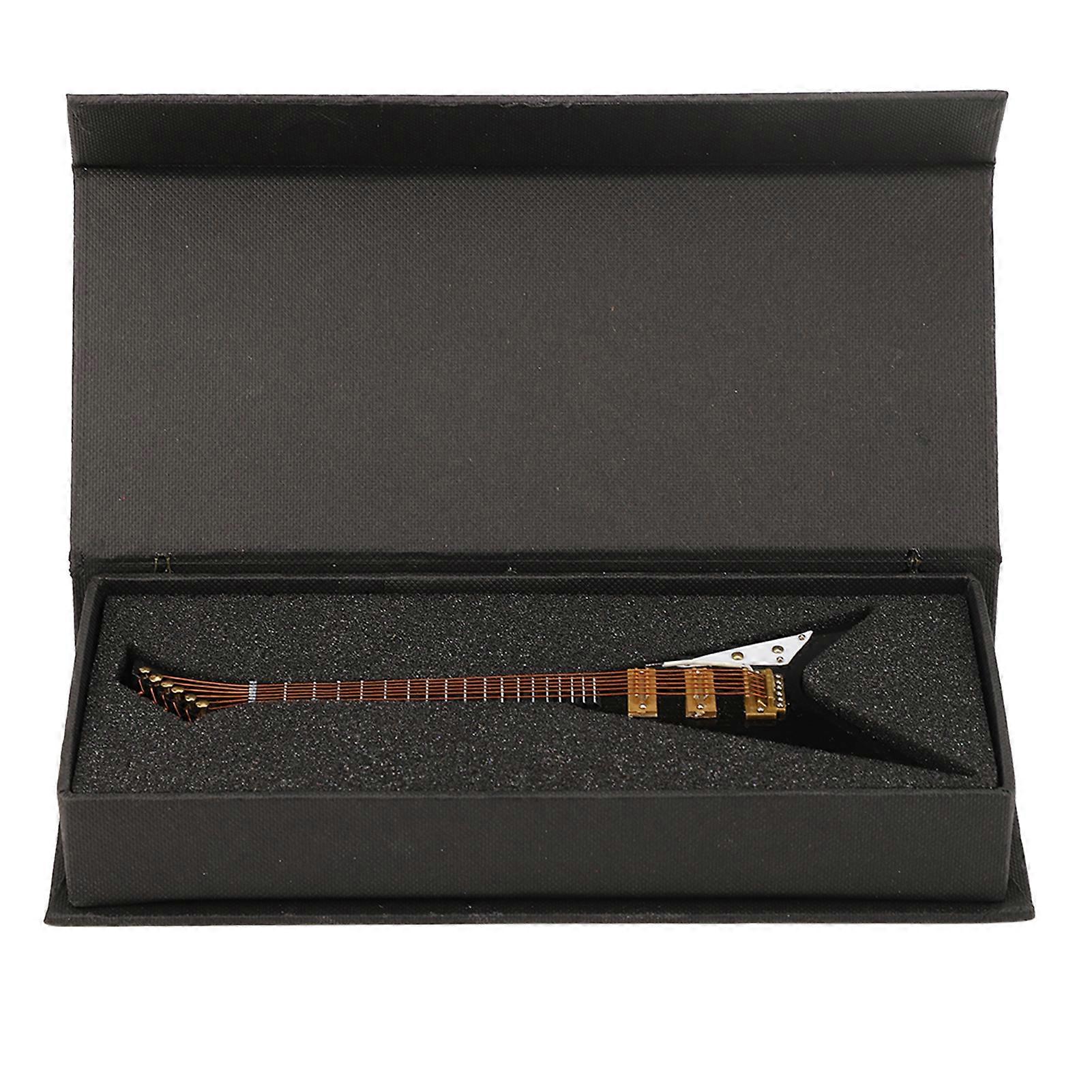 Drewniana miniaturowa gitara elektryczna ze stojakiem Czarny mini instrument muzyczny Dekoracja modelu domku dla lalek 7,3 cala