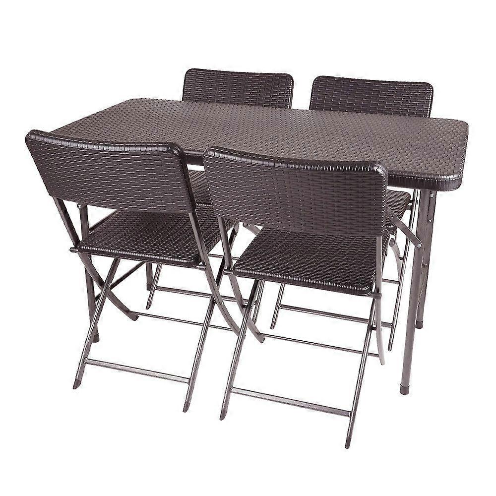 Rectangular Rattan Plastic Folding Table & Set of 4 Folding Chairs Brown