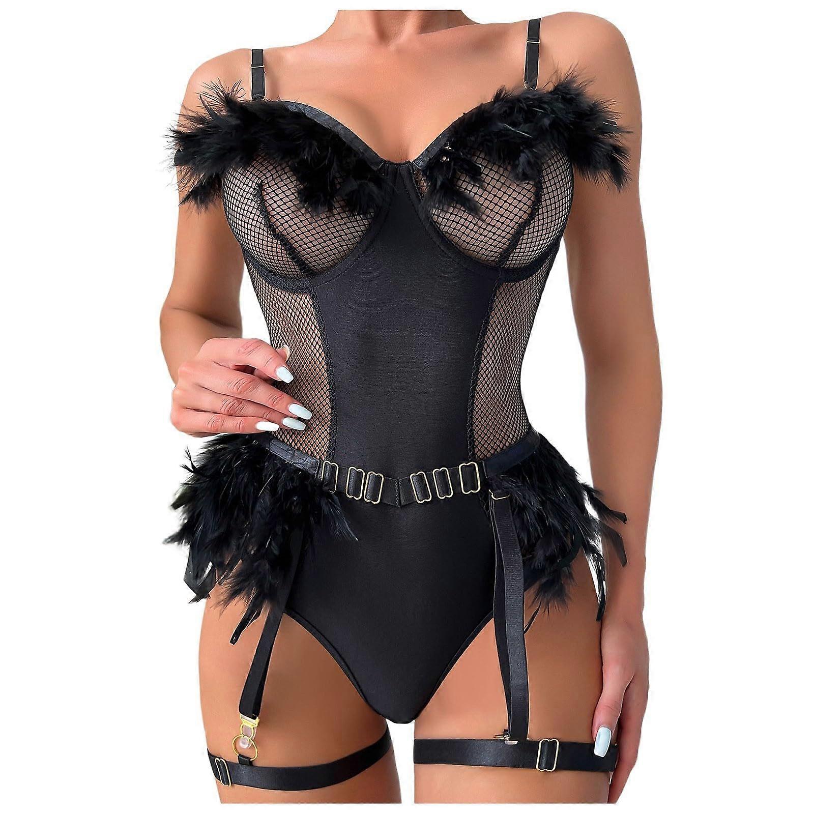 Sexy dress lingerie for plus sizes with feather details, seductive design for a unique style, black XL