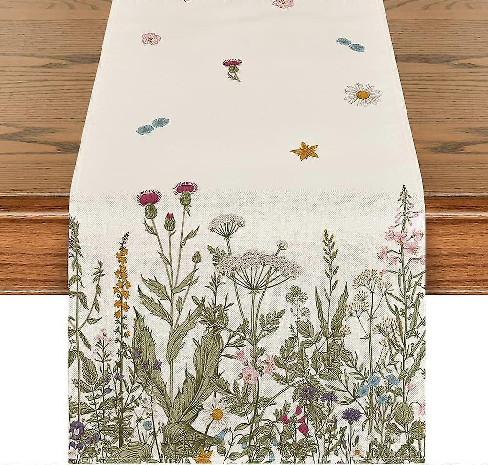 Antique Herbs Wild Flowers Summer Table Runner, Spring Fall Kitche