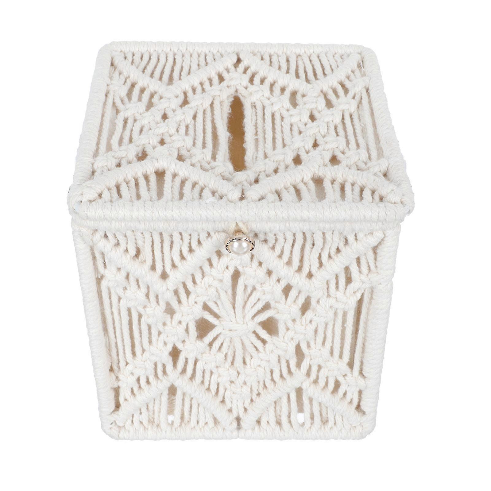 Retro Tissue Box with Lid in Beige Color Made of Cotton Rope for Storage Use in Living Room