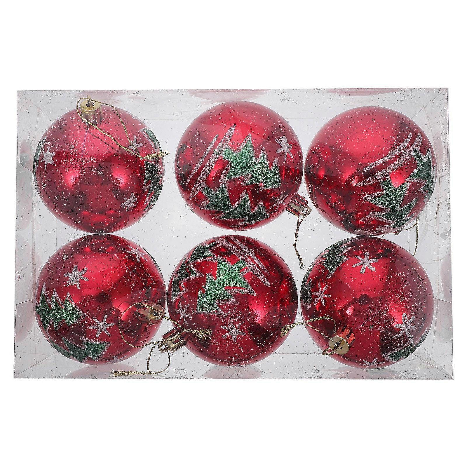 Glittering Plastic Hanging Decorations 6Pcs Round Christmas Ornaments Suitable For Christmas Tree Decoration In Red With Creative Pattern Design