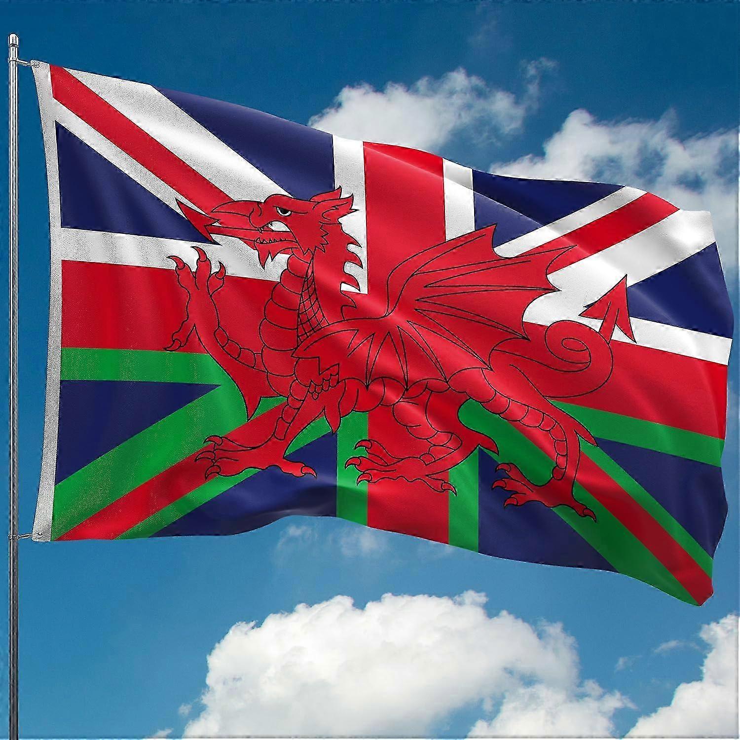 Welsh Flag with Union Jack Wales Flag Wales Dragon 100% polyester Double Seam 2 eyelets Mode 84