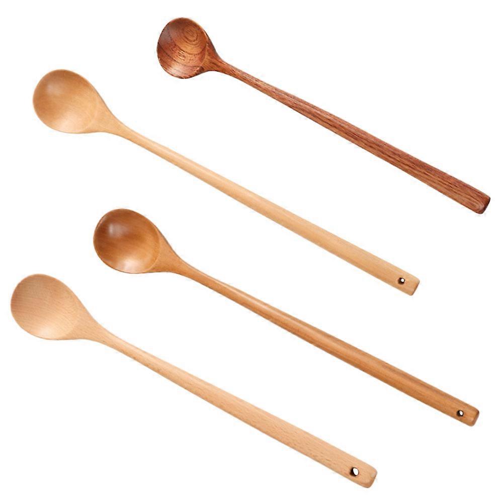 Stirring Spoon 4Pcs Long Handle Wooden Spoons For Adults Cake Eating Natural Wood Color Simple And Practical Design