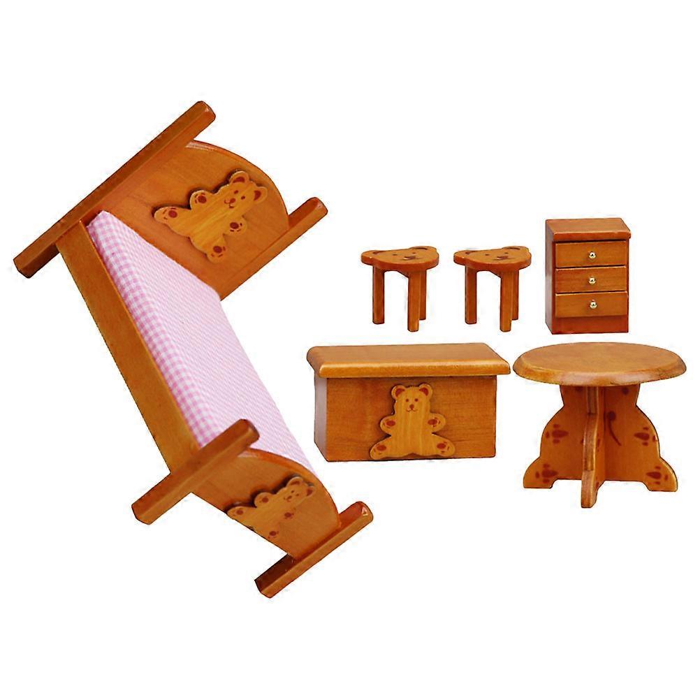 5 Sets Doll House Furniture Including Beds And Tables For Pretend Play In Indoor Environments With Stylish Decoration Elements
