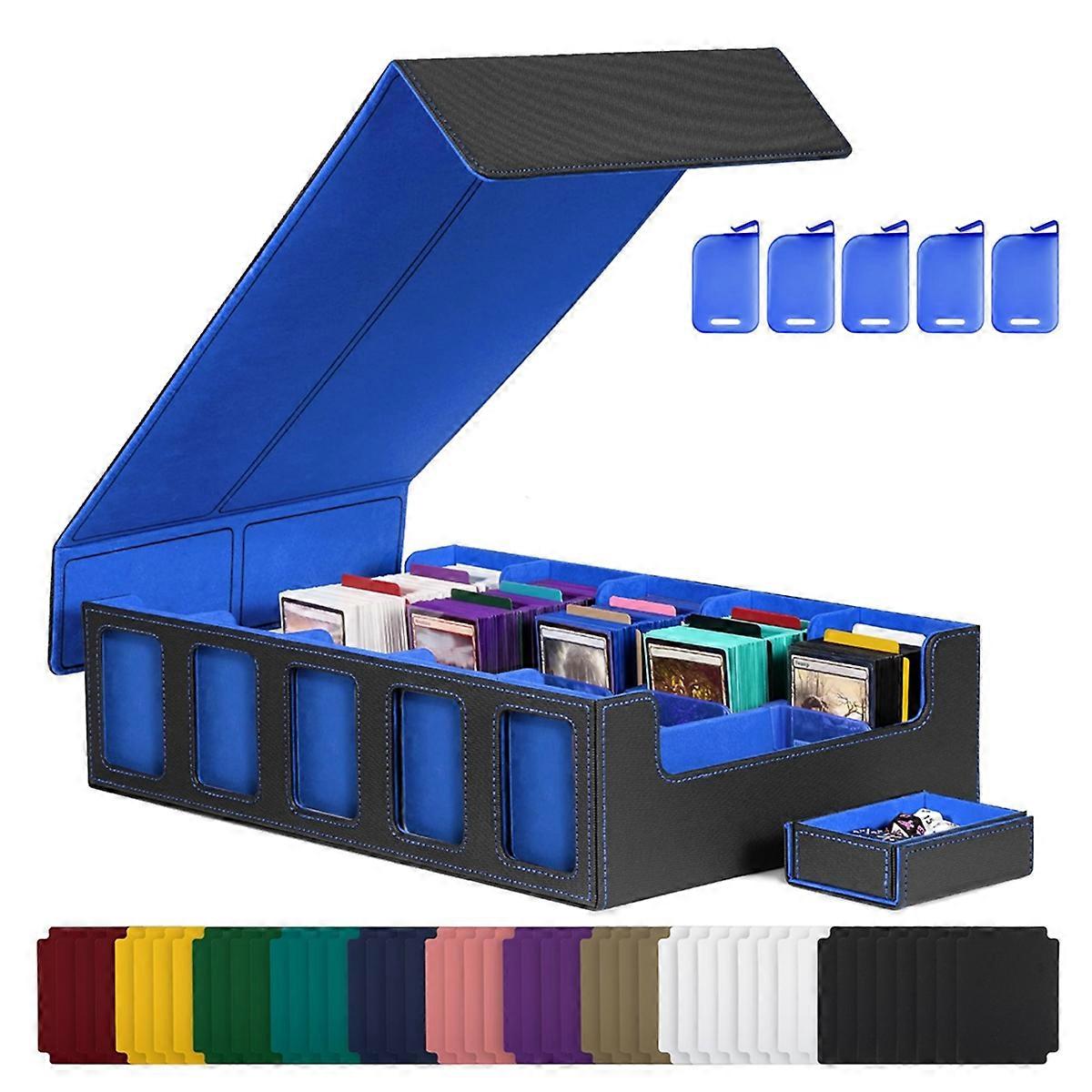 Trading Card Storage Box with Window, 5-Row Deck Case with Removable Lid,Card Deck Box for Game Sports Card Black+Blue