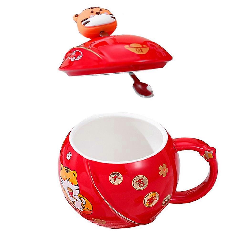 Ceramic Mug New Year of The Tiger Theme Round with Handle Red 400ML Holding Beverages 1 Set