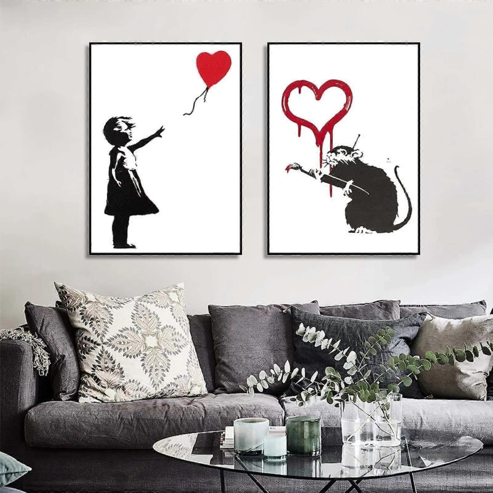 Street Graffiti Art Canvas Girl With Red Balloon Black And White Poster 30x40cm X2 Frame Set With Inner Frame