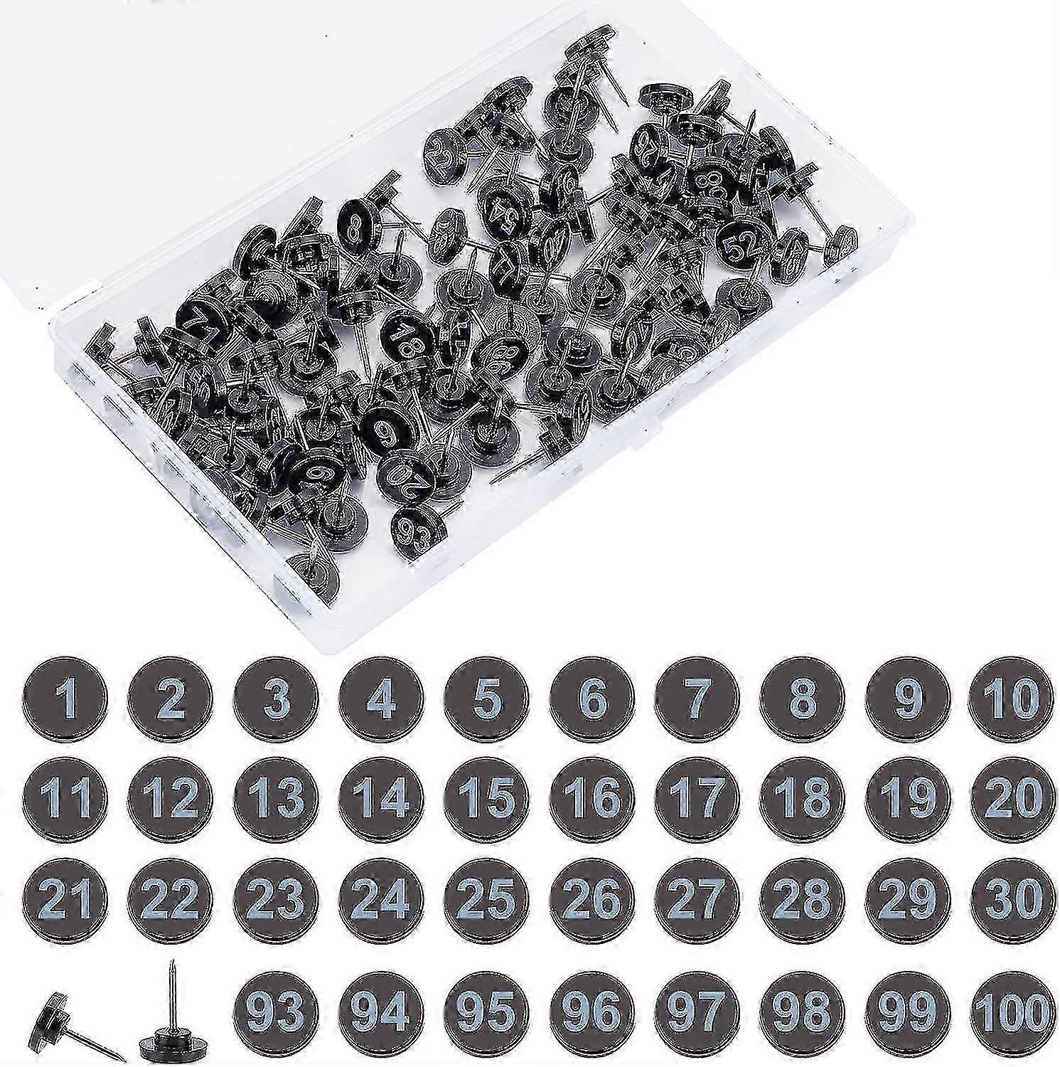100 Pcs Numbered Push Pins, Black Base Map Number Push Pins with Numbers 1-100 Drawing Push Pins Plastic Push Pins for Maps Photo Presentation Poster