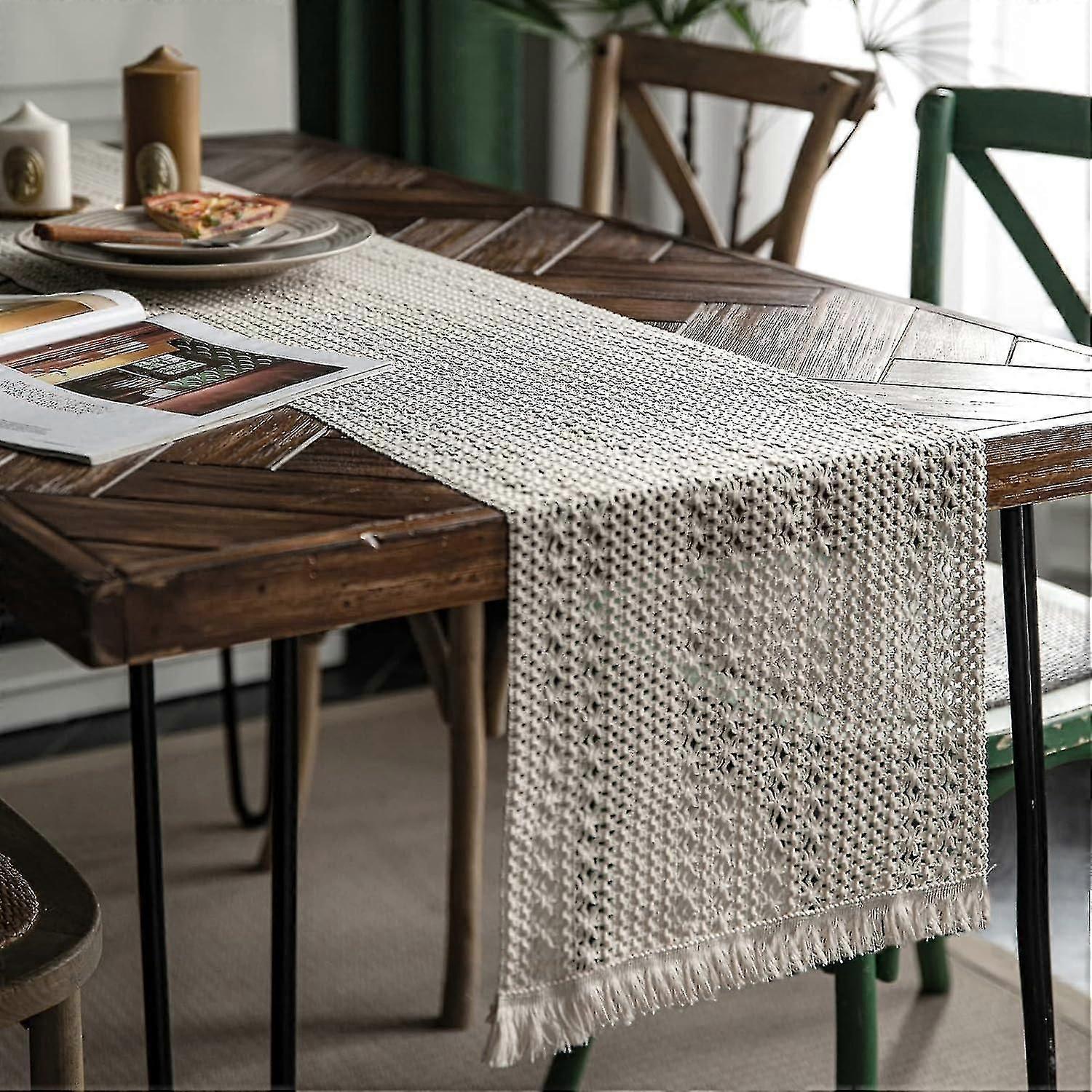 Table Runner Cream Beige Rustic Linen Table Runner with Tassels, 30 x 180 cm Hand Woven Cotton Table Runner Rustic Farmhouse Table Runner for Bohemian