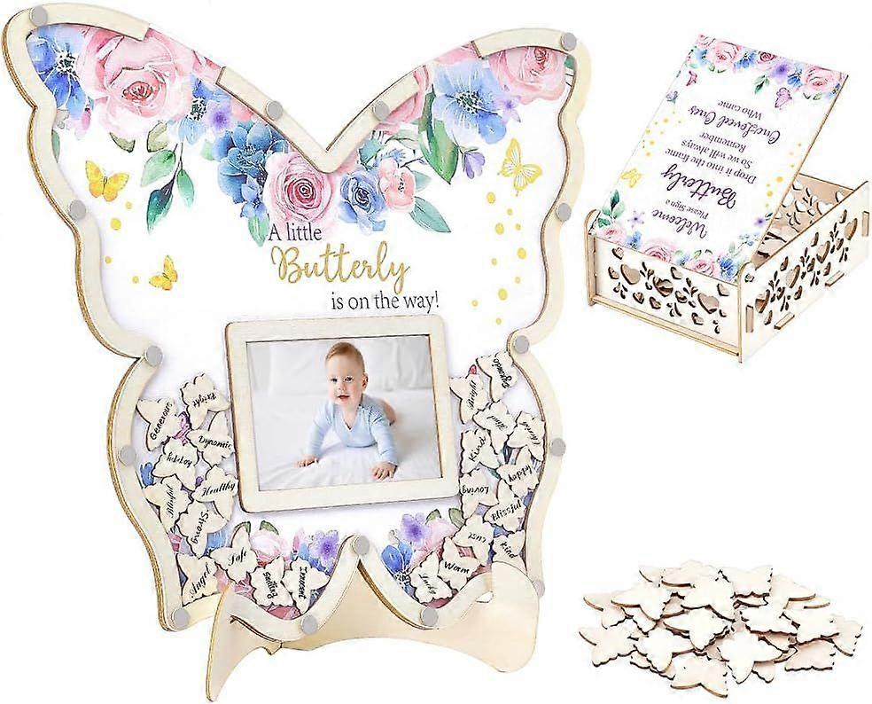 Baby Shower Guest Book Alternative Set  73 Pcs Wooden Butterfly Memory Kit with Display Frame Keepsake Box and Signature Pieces Decorations for Girl o
