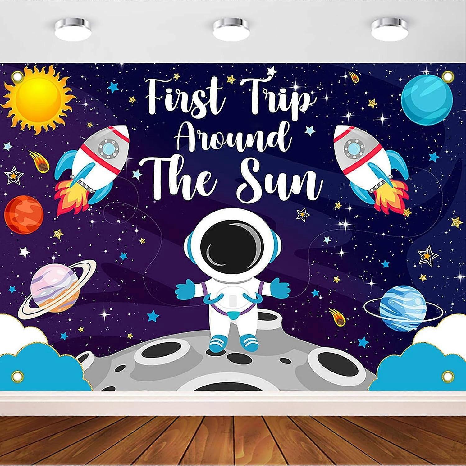 First Trip Around The Sun Birthday Backdrop 7x5ft, Outer Space Galaxy Theme with Planets & Astronaut, compatible with space decor