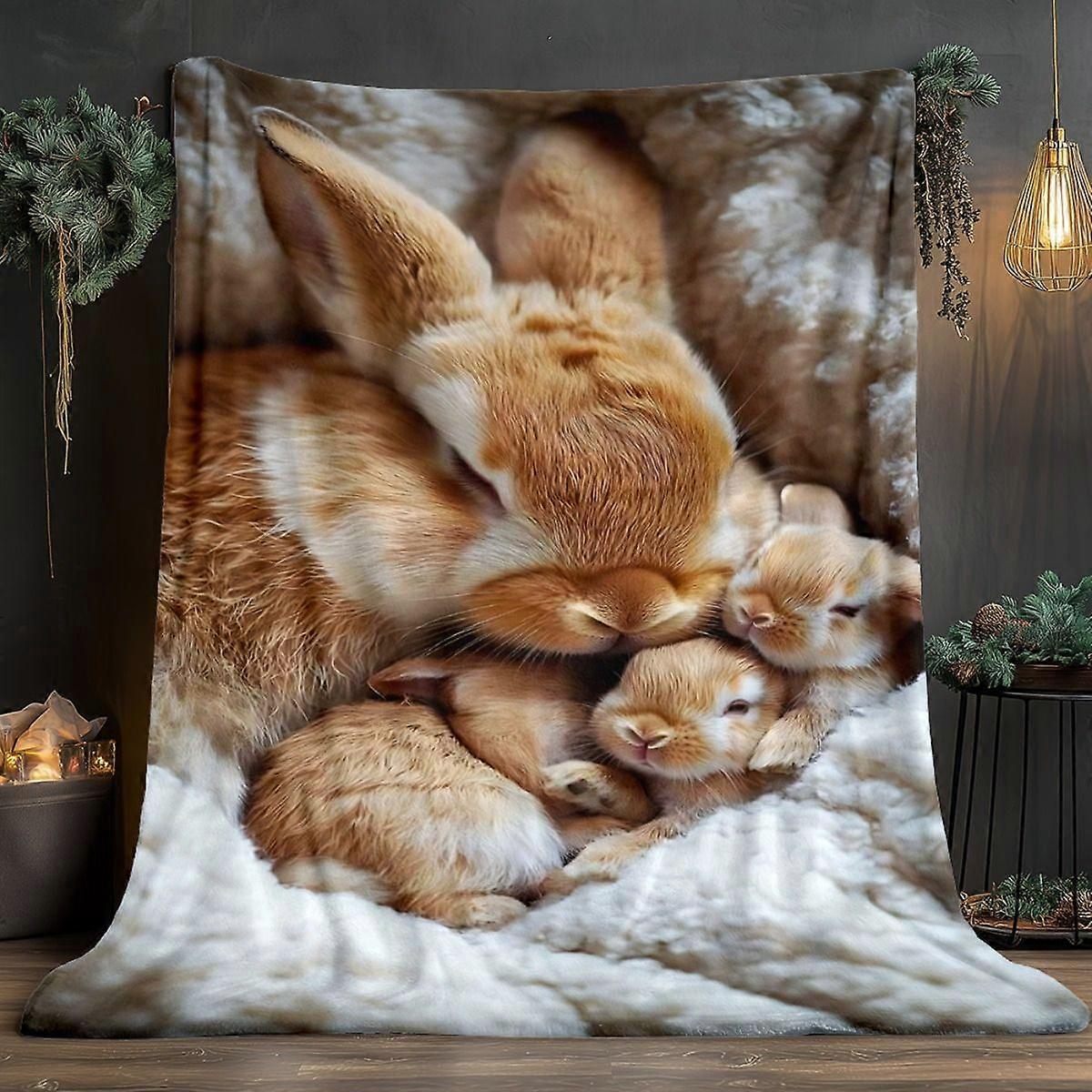 Cozy Bunny Family Blanket - Soft Flannel Throw with Adorable Rabbits, Extra Large up to 60x80in - All-Season Warmth for -wsxcv215